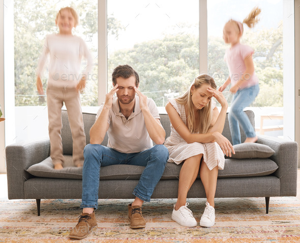 Stress parents, kids and jump on sofa in living room child problem for tired, sad and overworked mo