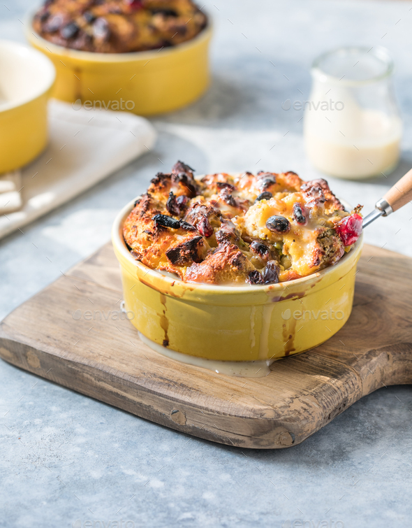 Homemade bread pudding breakfast casserole with apples and cinnamon and