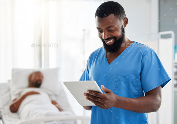 Discovery, innovation and medical breakthrough with happy black doctor reading digital tablet, gett