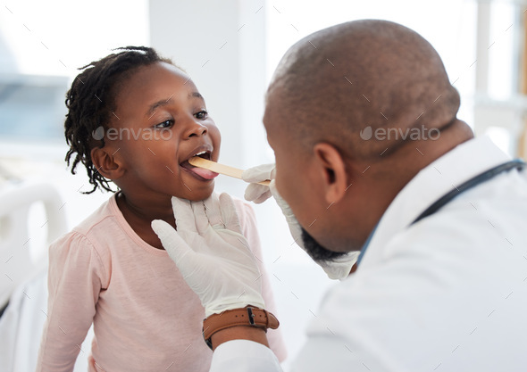 Children doctor, tongue and throat exam in healthcare hospital, wellness room and medical consultin