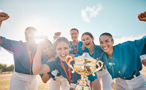 Girls, baseball team and success trophy with winner, wow and game celebration on fitness stadium fi