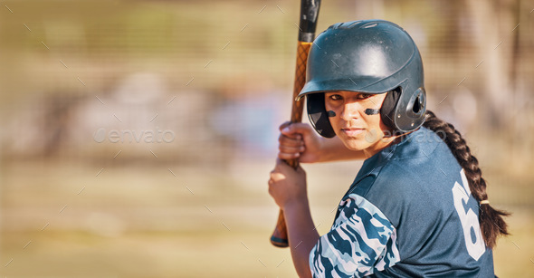 Baseball woman, game face and ready to hit ball with bat on a field. Sports player with eye paint,