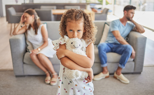 Young sad girl, angry parents thinking of divorce in living room and child scared family will separ