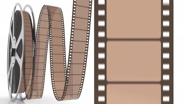 Film reel and filmstrip rolling at the screen with cinema bobbin on the white 4k alt