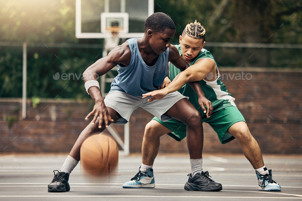 Basketball sport, outdoor game and men training on court for professional event with energy togethe