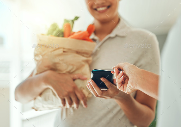 Credit card, courier home delivery and payment for vegetables, paper bag logistics and groceries. C