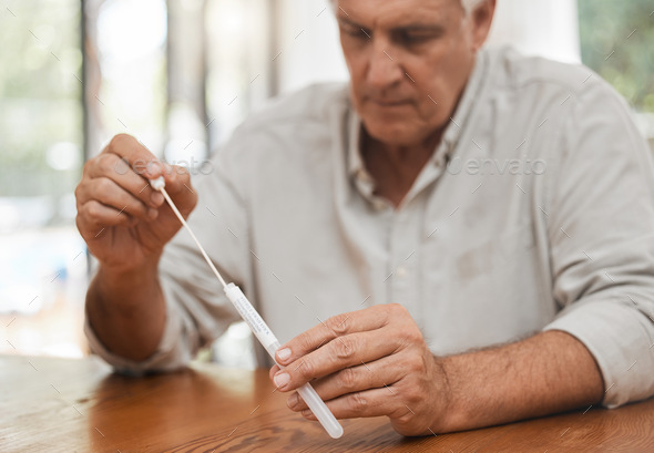 Mature man, covid pcr test or swab for mouth or nose in home kit, house or living room for healthca
