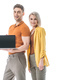 handsome smiling man holding laptop with blank screen while standing near pretty surprised woman - PhotoDune Item for Sale