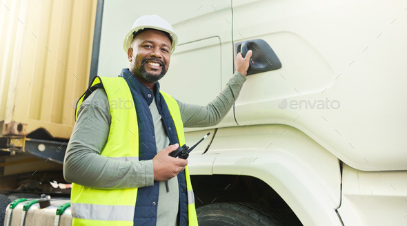 Truck driver, black man and export logistics manager working in industrial shipping yard, manufactu