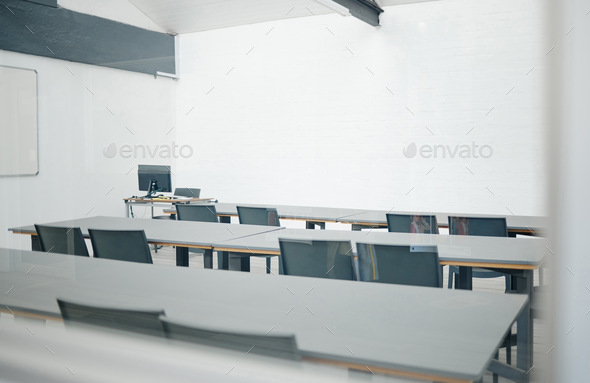 Empty conference, presentation or interior for a tradeshow class, event or marketing and sales coac
