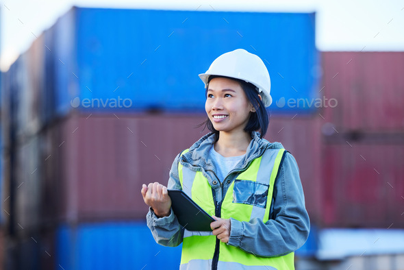 Cargo, logistics and shipping employee with tablet for digital checklist on container port for inte