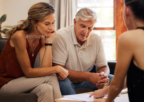 Finance, savings and investment with a senior couple in a meeting with an advisor for retirement in - Stock Photo - Images