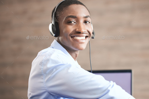 Contact us customer support and black man web help worker on an office internet consultation. Portr