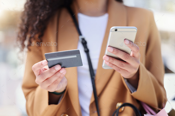 Woman online shopping, credit card payment and smartphone fintech for safe e-commerce internet reta