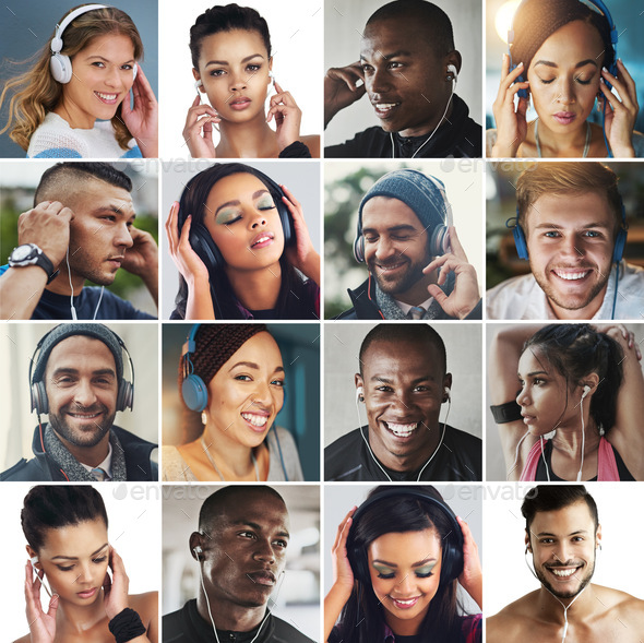 Listen to the beat. Composite image of a diverse group of people listening to music.
