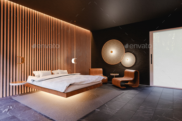 Modern 3d design of bedroom with floating bed