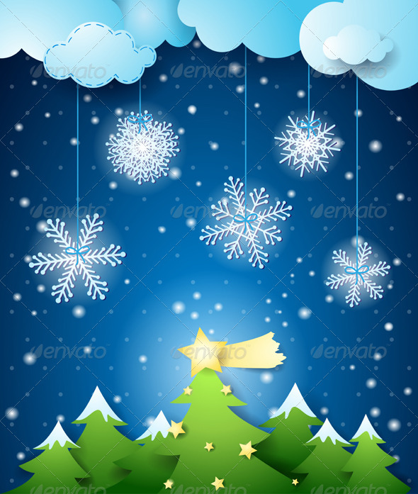 Winter Night and Christmas Tree - Christmas Seasons/Holidays