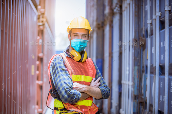 Portrait woman dock worker under working and checking production ...