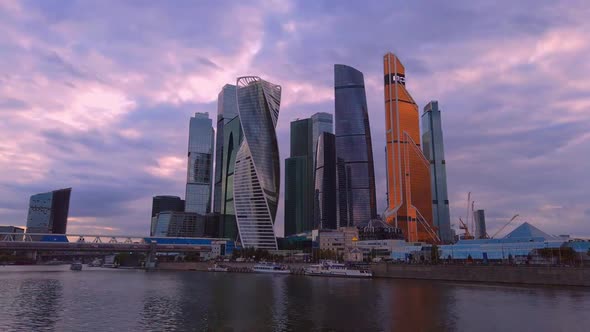The business center of the capital Moscow-City at sunset, fast timelapse shooting.
