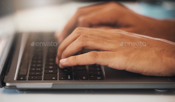 SEO, manager or advertising agent hand closeup typing a blog, email or searching the web on laptop