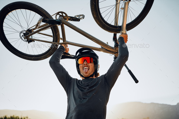 Mountain bike, sports man and winner celebrate success, fitness goal or winning outdoor competition