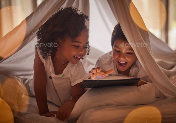 Little children, tablet and streaming online for movies, cartoon or educational games before bedtim