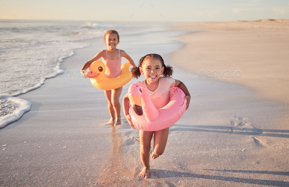 Girls running, kids and beach holiday, vacation or summer trip in Mexico. Travel, portrait and chil