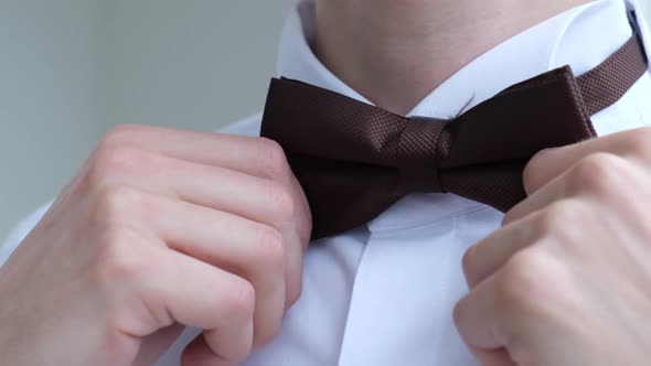 Man Straightens a Bow Tie Close Up Slow Motion alt
