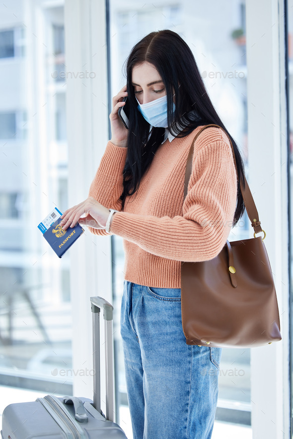 Covid, travel and passport with woman in face mask and phone call for immigration law, corona virus