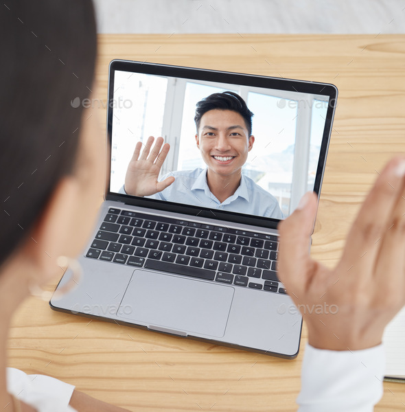 Laptop screen, video call and businessman meeting for global collaboration, b2b networking or onlin