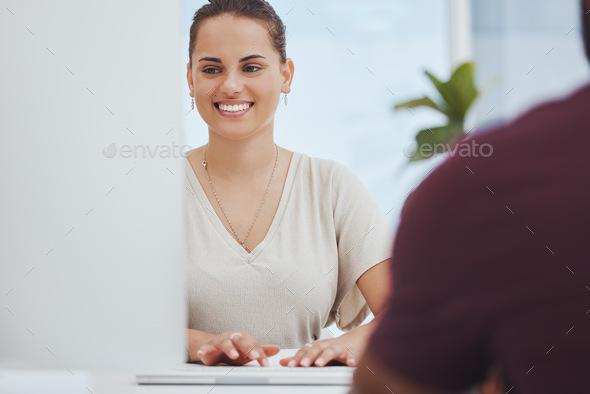Bank woman on computer consulting customer apply for mortgage loan, insurance or support with finan