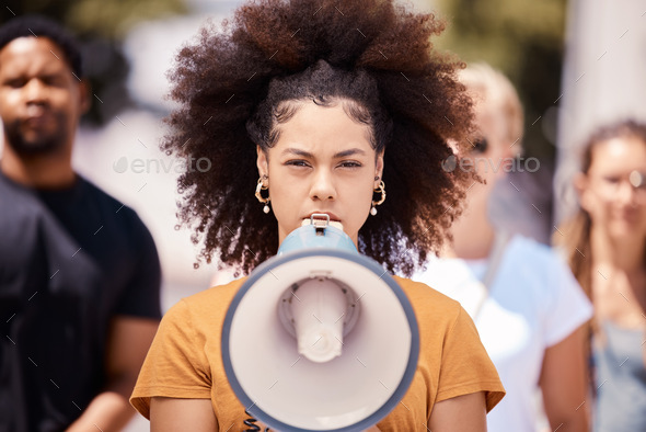 Freedom, revolution and megaphone with woman in protest event for community, support and leadership - Stock Photo - Images
