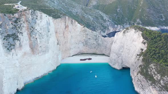 Aerial drone view of iconic beach of Navagio or Shipwreck