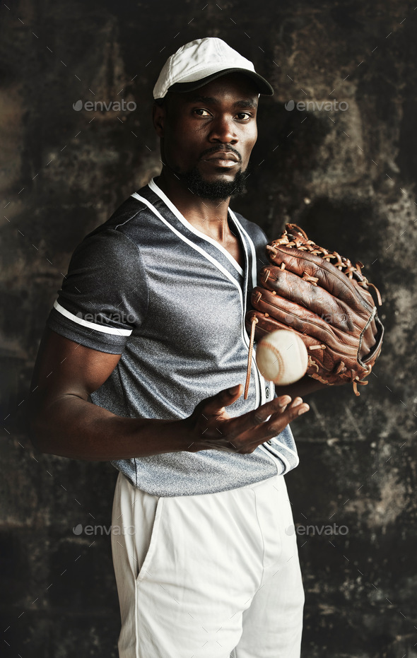 Black man, baseball player and motivation for fitness, training and exercise with ball, baseball gl