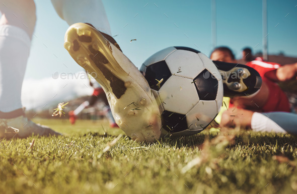 Soccer, soccer ball and man slide tackle during match, training or  competition outdoors. Football, Stock Photo by YuriArcursPeopleimages