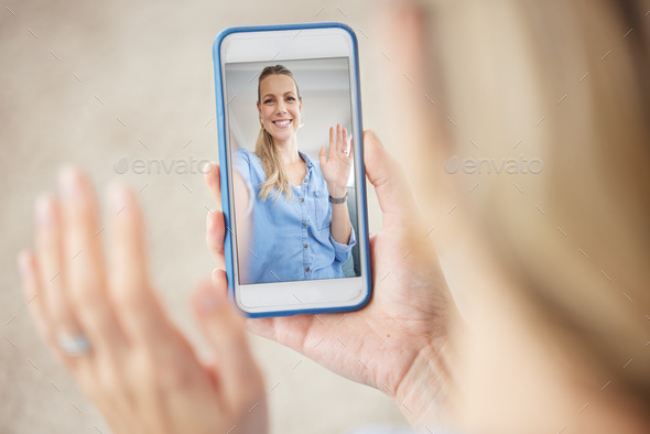 Video call, phone screen and ui woman waving hello for greeting during zoom video conference with 5