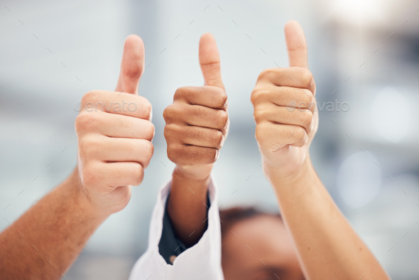 Yes, success or thank you thumbs up hand sign of workers happy about work goal or target completion