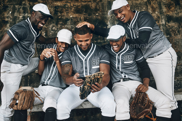 Baseball team, sports men or mobile smartphone with funny internet joke, social media meme or comic