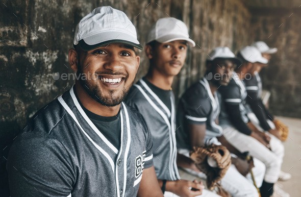Happy man, baseball player and team sports portrait, motivation and confidence for competition game - Stock Photo - Images