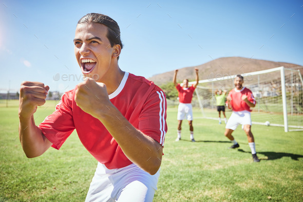 Football winner, sports and team celebrate game, competition goal or tournament victory with crazy