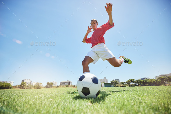 Soccer kick, sport and man athlete ready for team exercise, fitness and exercise game training. Foo