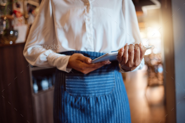 Waitress hands, tablet and restaurant small business owner fine dining, fast food and coffee shop i