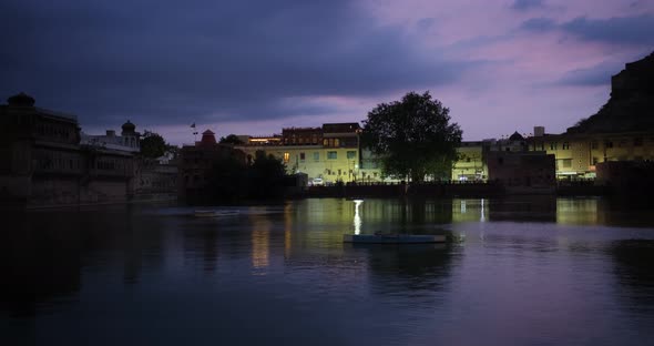 Night Jodhpur: View of Lake and Mehrangarh Fort. Rajasthan, India. Horizontal Camera Panning alt