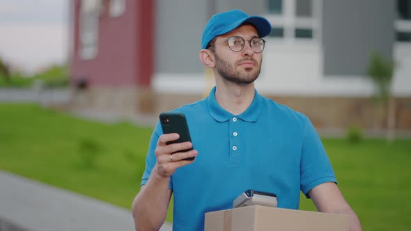 The Postman with Glasses Carries the Parcel and Looks at the Delivery Address Via Mobile Phone alt