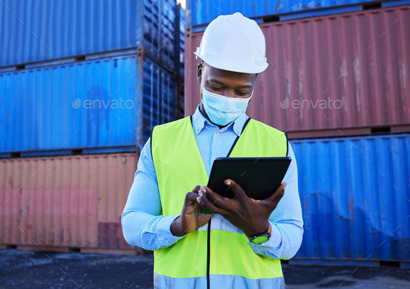 Tablet, logistics and worker with mask for covid safety working with digital checklist for internat
