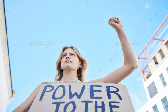 Power to the people, woman protest and freedom sign to fight human rights, justice and politics in