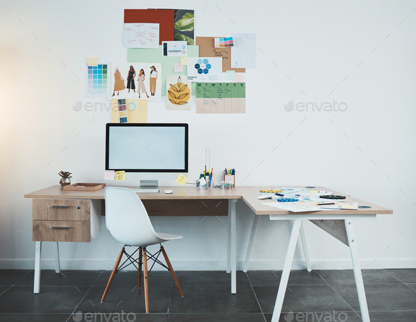 Office desk, screen mock up and creativity design fashion project management, advertising agency or