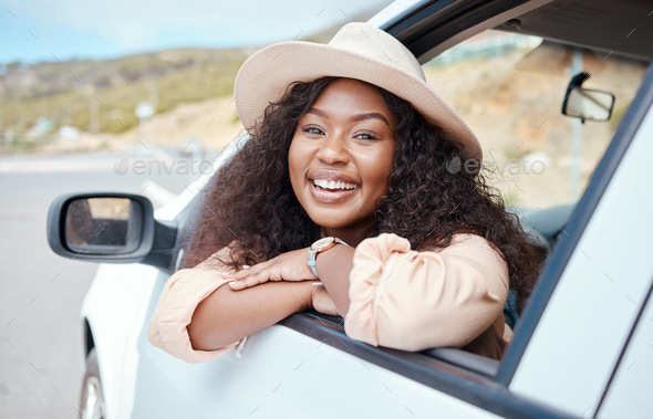 Car, window and road trip portrait of black woman relax on Australia countryside journey for holida