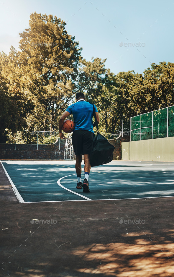 Basketball player, fitness training athlete and walk with equipment on