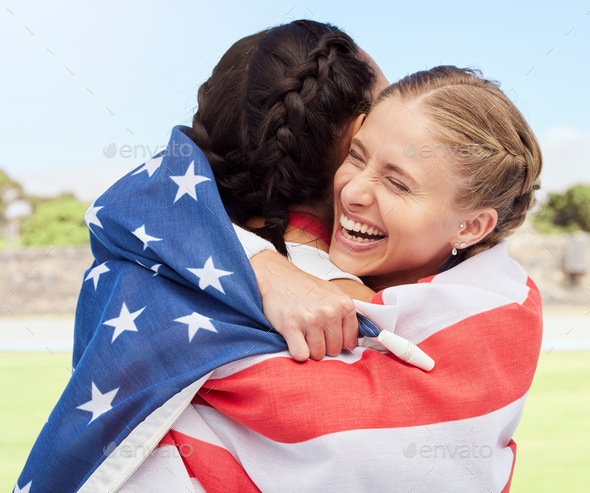 American flag, hug and winner sports women in track team race, running event or fitness competition